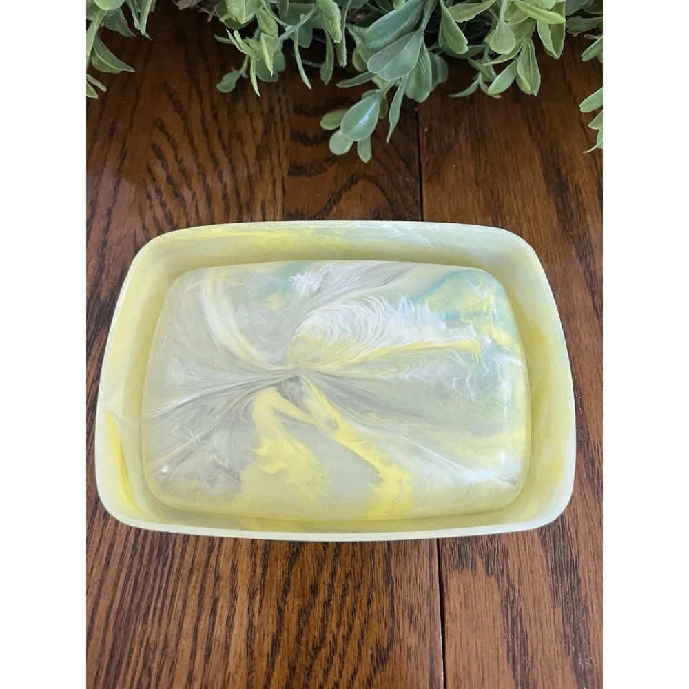 Vintage Yellow White Marbled Plastic Soap Dish Removable Drain Tray Retro New